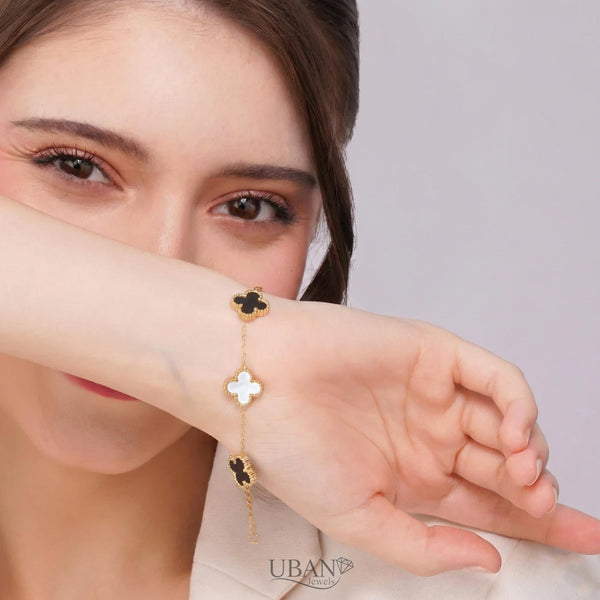UBAN Jewels™ Set of 2 Victorian & Moorish Van Cleef Bracelets - Gold-Plated Stainless Steel Anti-Tarnish Clover Charm Bracelet Combo